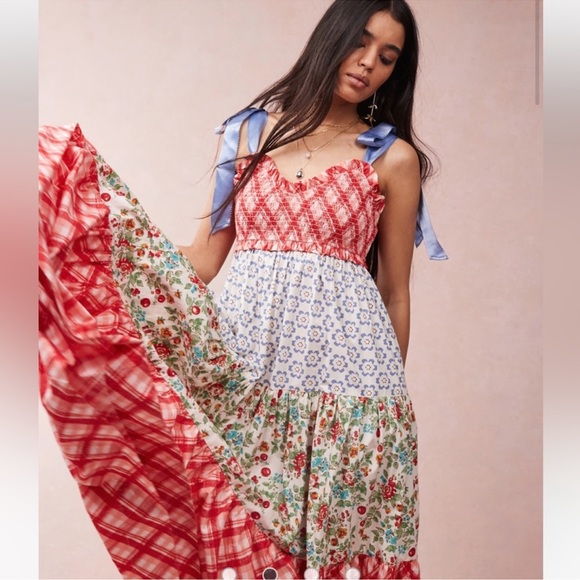 NWT Free People Bluebell Patchwork Maxi Dress in Cherry Combo - Picture 3 of 15